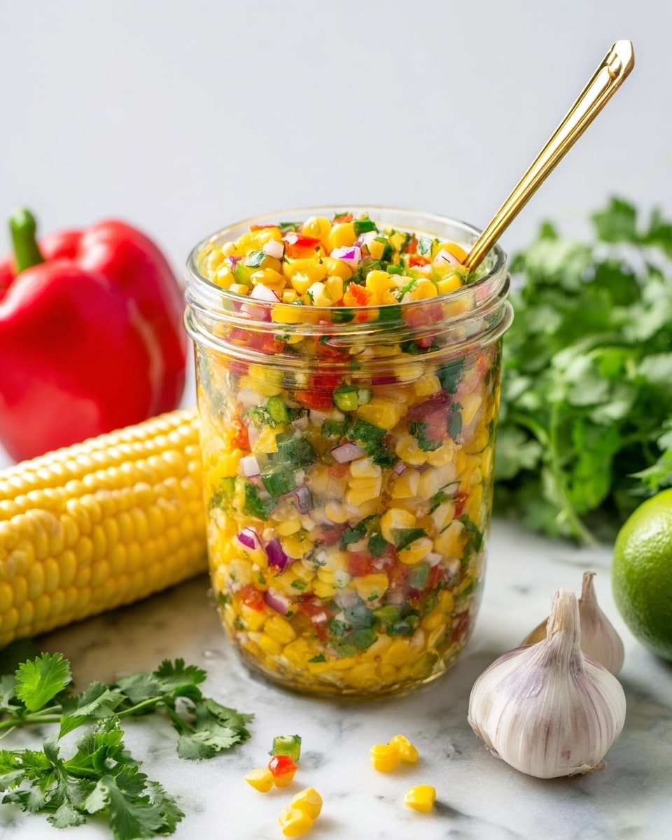 The image shows a clear glass jar filled with a colorful corn salsa made of three main visible layers mixed together: bright yellow corn kernels, small red and green pepper pieces, and bits of purple onion, all tossed with fresh green cilantro leaves. The jar is topped with a brass spoon sticking out of it. Around the jar on the white marbled surface are a fresh corn cob with yellow and white kernels, a whole garlic bulb, a green pepper, a bunch of fresh cilantro leaves, and a red bell pepper. The background is plain white. photo taken with an iphone --ar 4:5 --v 7