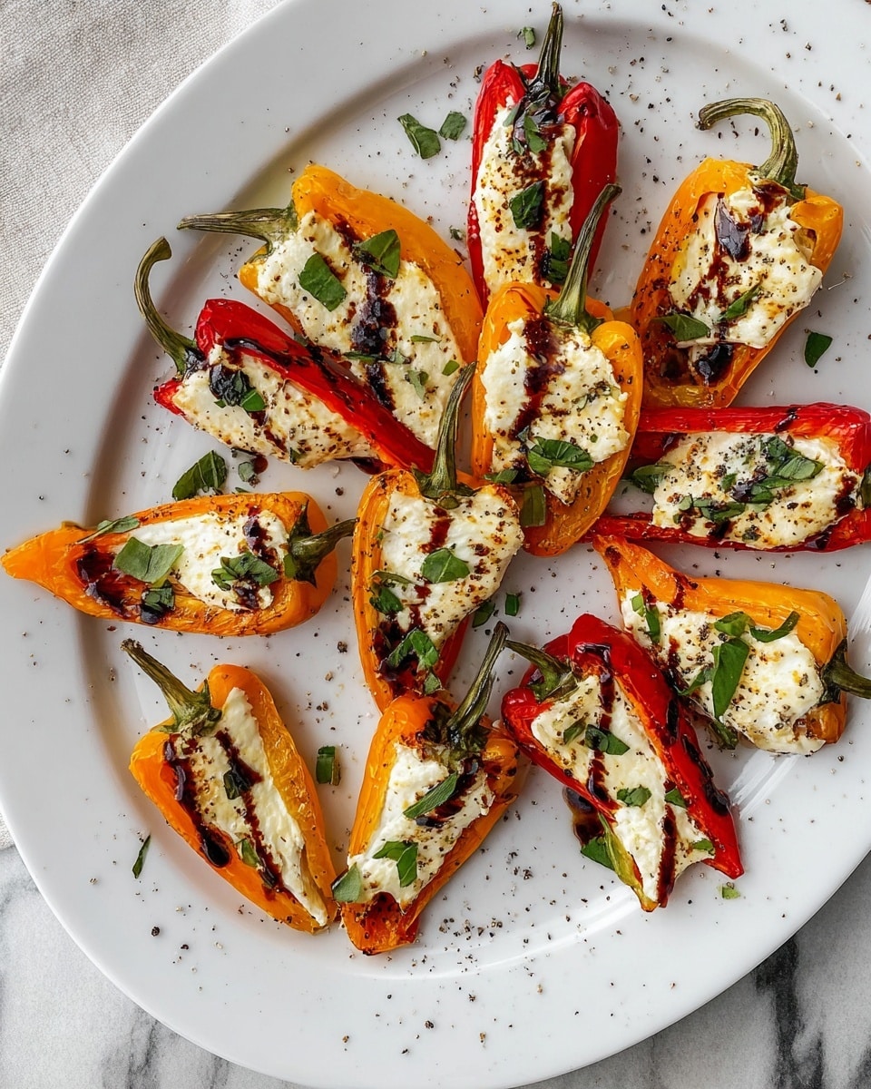 A white plate holds 14 mini peppers, each sliced in half and filled with a creamy white cheese layer on top. The peppers are orange and red, some showing roasted edges with lightly browned spots. There is a dark drizzle of sauce across the cheese, and small green herb leaves are scattered on top of each pepper half. The plate rests on a white marbled surface, with a light sprinkling of black pepper grains visible around the peppers. photo taken with an iphone --ar 4:5 --v 7