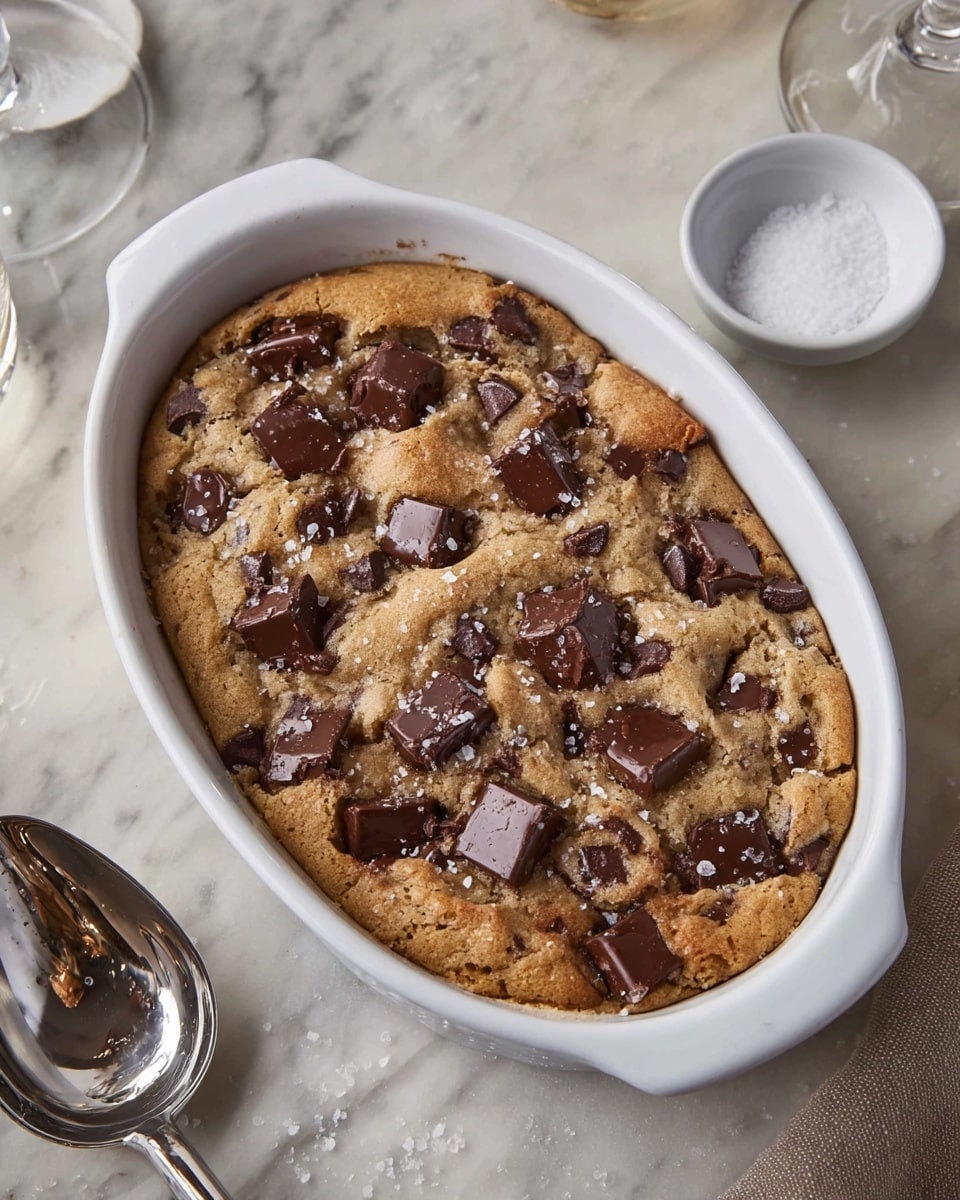 The image shows an oval white ceramic dish filled with a freshly baked cookie with a golden brown, soft, and slightly cracked surface. The cookie is studded with dark brown chocolate chips and chunks of milk chocolate, scattered evenly across the top. The texture looks slightly puffy and chewy, with a light sprinkle of coarse salt adding contrast and shine. The dish is placed on a white marbled surface, and nearby there is a shiny metal ice cream scoop, a small white bowl with coarse salt, and a wine glass stem visible in the frame. Photo taken with an iphone --ar 4:5 --v 7