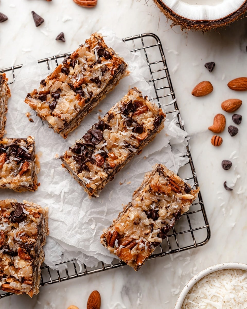 The image shows five square bars on a wire rack with white paper underneath, each bar made of a mix of light brown coconut flakes, dark brown chocolate chips, and chopped nuts creating a rough texture. The bars are packed and slightly sticky with a shiny surface that highlights the contrast between the different ingredients. Around the bars are scattered chocolate chips and nut pieces on a white marbled surface. On the right edge, part of a white bowl filled with shredded coconut is visible. The overall setting is bright and clean, focusing closely on the dessert bars. photo taken with an iphone --ar 4:5 --v 7