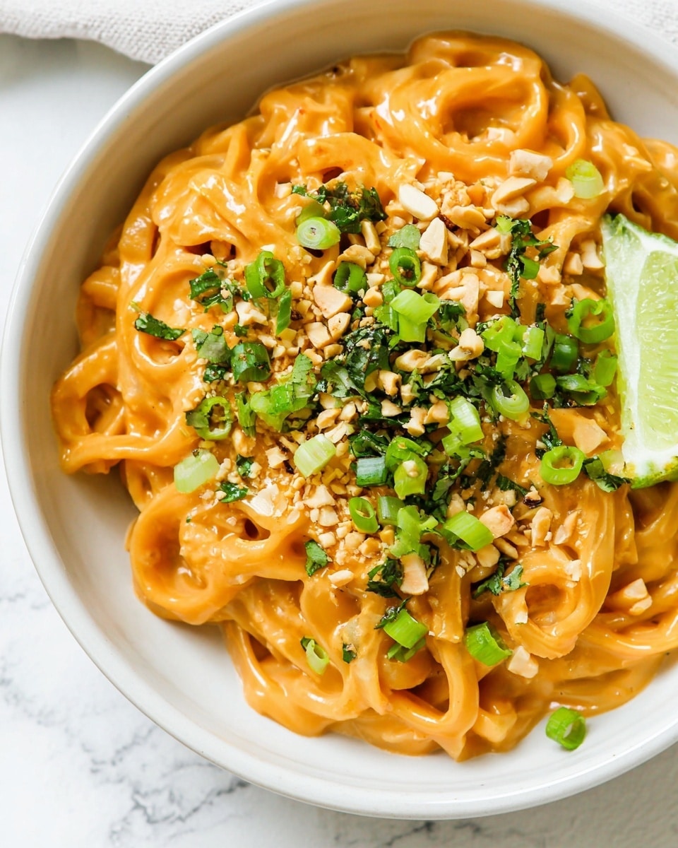 A white bowl filled with thick, creamy orange noodles that have a smooth, slightly glossy texture. On top, there is a mix of bright green chopped scallions, fresh dark green chopped herbs, small light brown crushed nuts, and white sesame seeds sprinkled evenly. A fresh lime wedge with a bright green rind and light green inside is placed on the edge of the bowl. The bowl sits on a white marbled surface. Photo taken with an iphone --ar 4:5 --v 7
