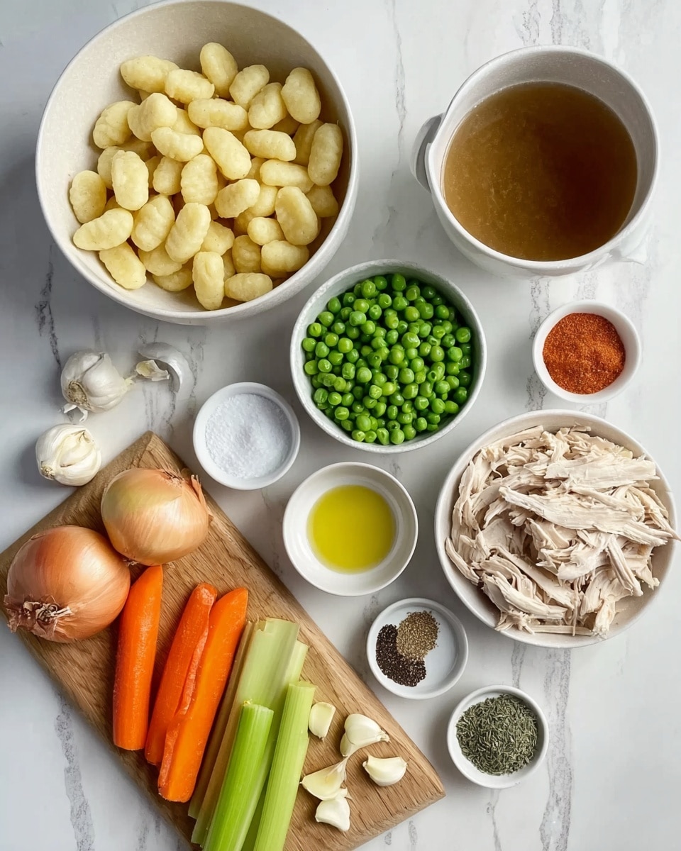 The image shows a white marbled surface with several white bowls and a small white dish arranged neatly. In the largest white bowl, pale yellow gnocchi pieces fill the space. Nearby, a medium white bowl holds frozen green peas. Another large white bowl contains shredded cooked chicken with a light beige color. There are three bright orange carrots, two light green celery sticks, and a whole yellow onion and a whole brown onion placed on a small light wooden cutting board. Three peeled garlic cloves rest near the board. There is also a small white dish with salt, and another small white bowl with a light olive oil. A tiny white bowl contains black pepper, green herbs, and a reddish spice. A larger white bowl with brown broth completes the scene. The photo is clear and bright, taken with an iphone --ar 4:5 --v 7