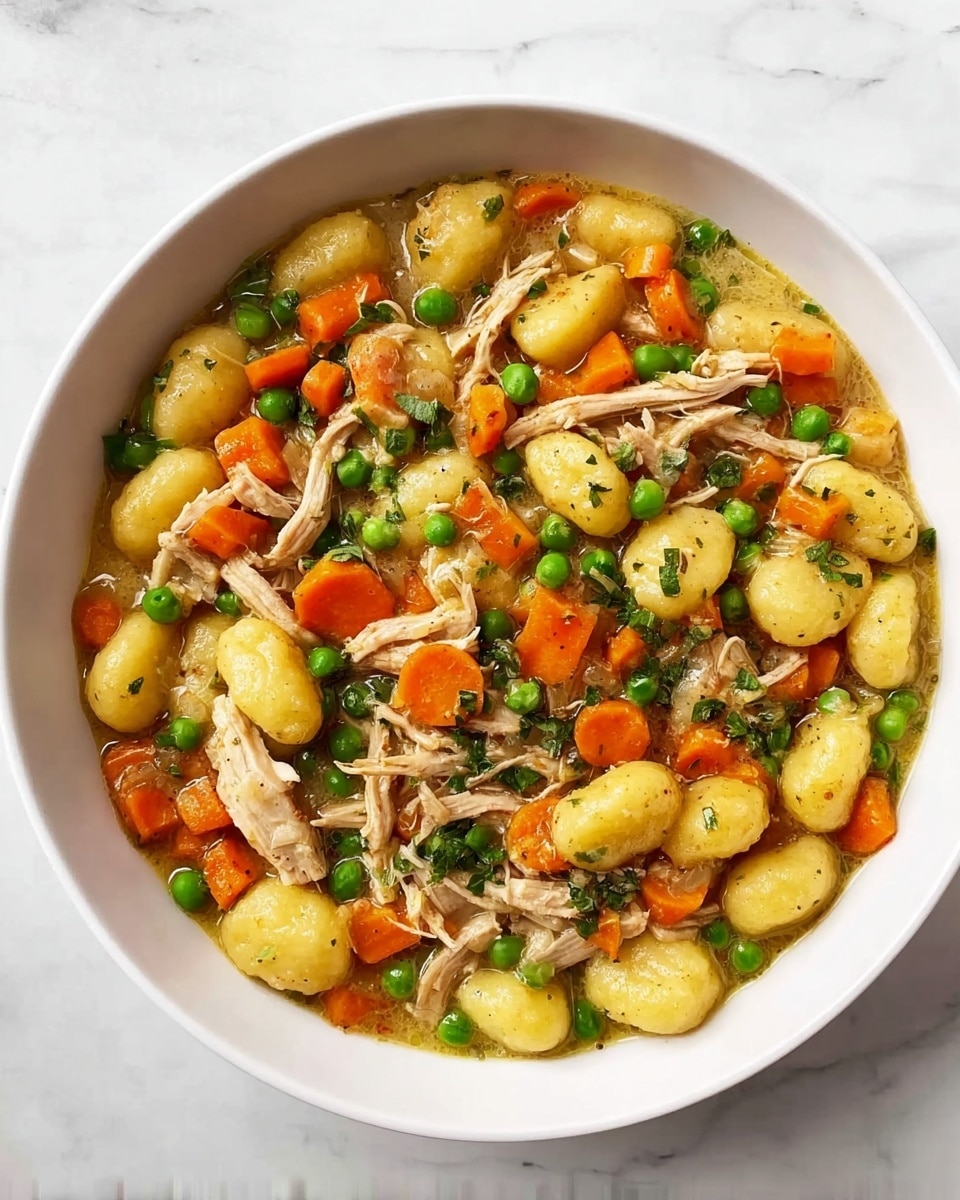 A white bowl filled with a stew-like dish showing three main layers: the bottom layer consists of small, yellow gnocchi with a soft, slightly smooth texture; mixed evenly through this are thin slices of bright orange carrots and green peas providing a fresh, colorful mix; the top layer includes shredded light brown chicken pieces scattered throughout, adding texture and contrast. The stew has a light broth that coats all ingredients making them slightly shiny. The bowl sits on a white marbled surface. photo taken with an iphone --ar 4:5 --v 7