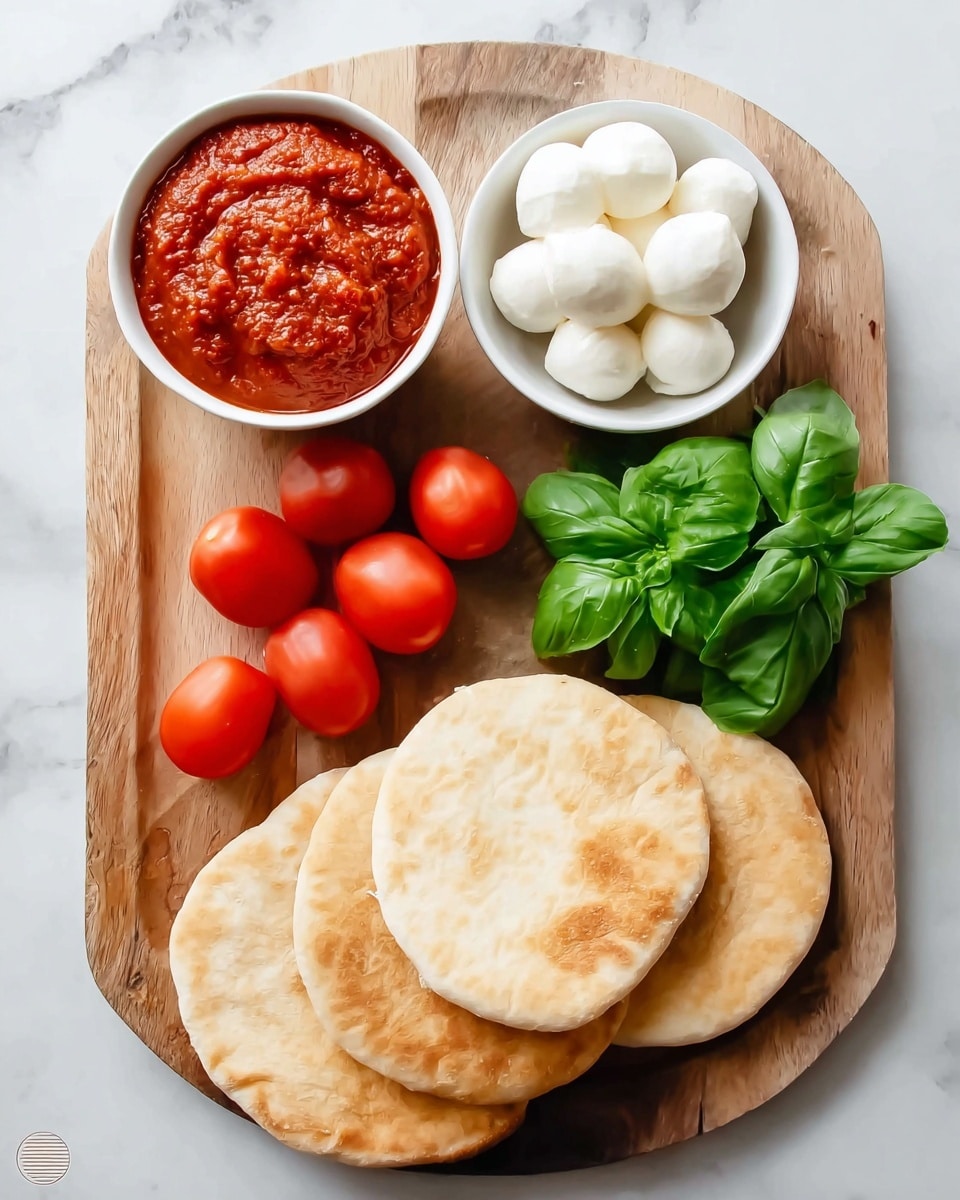 The image shows a wooden board placed on a white marbled surface. On the board, four round pita breads with a light golden-brown color and soft texture are stacked on the right side. Next to the pita breads are fresh, bright green basil leaves arranged in a small bunch. Above the basil is a white bowl filled with chunky red tomato sauce. On the left side of the board, there are six whole red tomatoes grouped together. Above the tomatoes, there is another white bowl containing six smooth, white mozzarella balls. Photo taken with an iphone --ar 4:5 --v 7