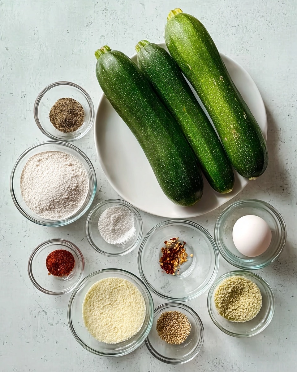The image shows two whole zucchinis on a white plate in the center, surrounded by eight small clear glass bowls arranged in a circle on a white marbled surface. The bowls each hold different ingredients: white flour, salt, baking powder, crushed red pepper flakes, ground black pepper, finely minced garlic, breadcrumbs, and one bowl holds a single white egg. The setting is simple, with the colors mainly green from the zucchinis and white from the flour, egg, and surface, with small touches of red and brown from spices. photo taken with an iphone --ar 4:5 --v 7