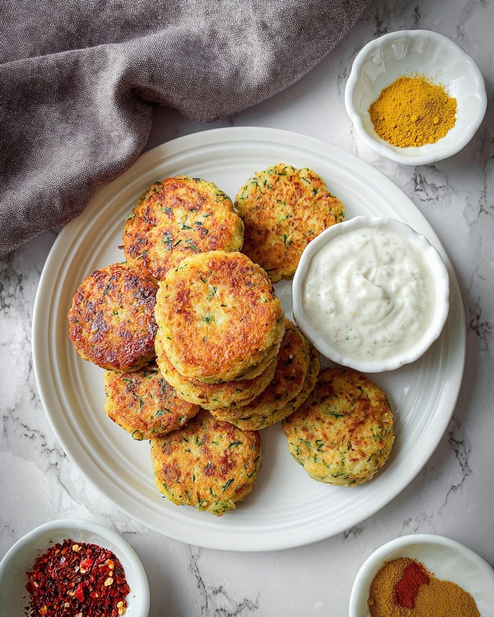 The image shows a white plate with eight small round patties stacked in two layers, each patty golden brown with green herbs mixed in, giving a textured, crispy look. To the right of the patties, there is a small white bowl filled with thick, creamy white sauce with a slightly lumpy texture. The plate sits on a white marbled surface, surrounded by small bowls containing yellow powder and red chili flakes, and a grey cloth is draped on the top left corner. Photo taken with an iphone --ar 4:5 --v 7