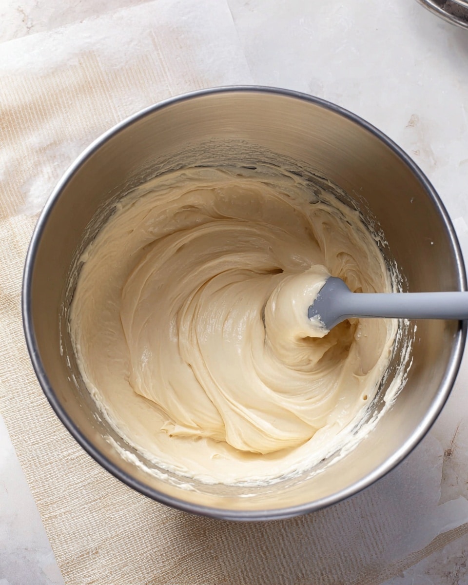 A stainless steel mixing bowl holds a smooth, creamy batter with a light beige color. The batter fills the bowl about one-third full and has soft, swirling ridges from being stirred by a gray spatula resting inside the bowl. The bowl sits on a white marbled surface with some lined parchment paper and a light beige towel partially visible at the edges. The texture of the batter looks thick and even, with no lumps or bubbles. photo taken with an iphone --ar 4:5 --v 7