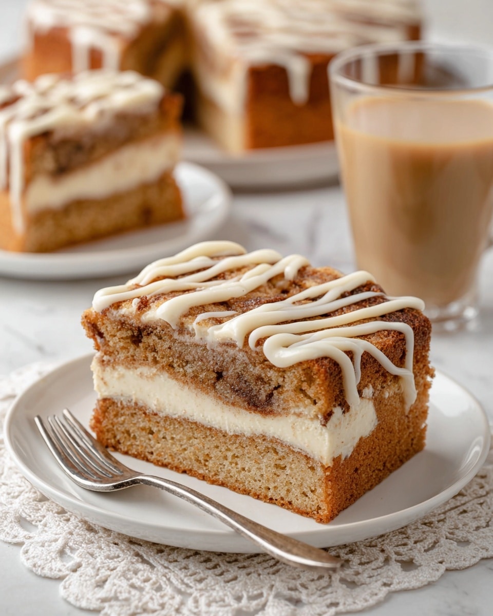 Two rectangular slices of a light brown cinnamon swirl cake with a thick white cream cheese layer in the middle are stacked on a white plate. The cake has a soft, spongy texture with darker cinnamon swirls on top and is drizzled with smooth white icing in wavy lines. In the background, more cake pieces sit on white plates, and a clear glass contains light brown coffee. A silver fork rests on the plate next to the cake on a white marbled surface with a lace cloth underneath. Photo taken with an iphone --ar 4:5 --v 7