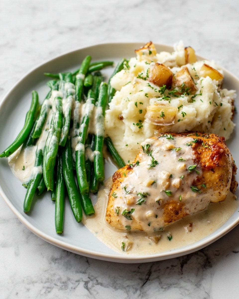 A white plate holds three parts: on the left, a pile of shiny green beans with a light creamy sauce drizzle; in the center, a golden-brown cooked chicken piece covered with creamy sauce sprinkled with small green herbs; on the right, a fluffy mound of mashed potatoes mixed with roasted garlic cloves and covered with creamy sauce, also sprinkled with green herbs. The plate is placed on a white marbled surface. photo taken with an iphone --ar 4:5 --v 7