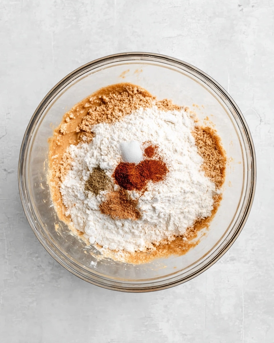 A clear glass bowl sits on a white marbled surface, containing three visible layers of ingredients. The bottom layer is a thick, light brown, creamy mixture that clings to the sides of the bowl. Above this is a mound of white powdery flour covering most of the mixture, with a smooth and slightly fluffy texture. On top of the flour, toward the center, are small piles of fine spices in shades of brown, reddish-brown, and white, arranged in a rough square shape. The overall scene is clean and bright with no additional items in the frame photo taken with an iphone --ar 4:5 --v 7