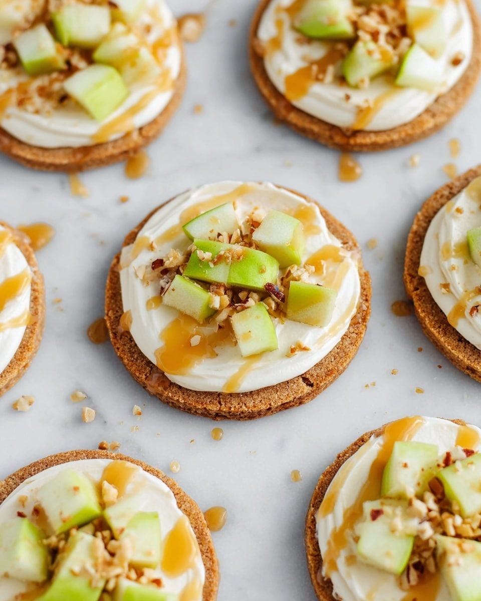 Several round cookies with a golden brown base layer are topped with a thick, smooth white cream layer spread evenly over each cookie. On top of the cream, there are small pieces of green apple arranged in the center. The apples are sprinkled with small bits of chopped nuts and drizzled with golden caramel sauce. The cookies are placed on a white marbled surface. photo taken with an iphone --ar 4:5 --v 7