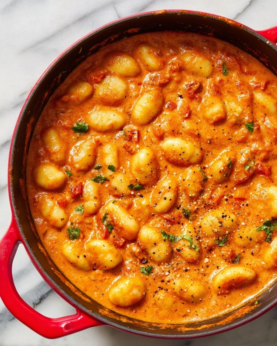 The image shows a red pot filled with gnocchi in a rich, creamy tomato sauce. The gnocchi are plump, smooth, and light yellow, covered in a thick, orange-red sauce with visible pieces of diced tomatoes and bits of green herbs mixed throughout. The sauce looks creamy with a slightly glossy texture, and there are small black pepper specks scattered on the surface. The pot is on a white marbled surface. photo taken with an iphone --ar 4:5 --v 7
