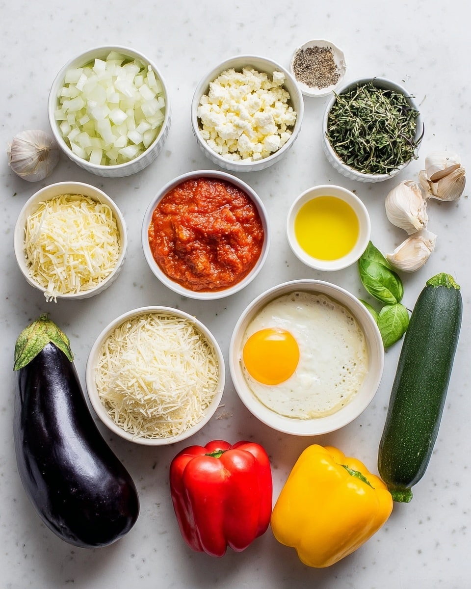 The image shows a neat arrangement of fresh cooking ingredients on a white marbled surface. There are several small white bowls each containing different items: diced white onions, fresh green herbs including basil and thyme, shredded white cheese, a bright red tomato sauce, light yellow olive oil, an egg yolk in its white, grated hard cheese chunks, and salt and pepper. Around the bowls are a dark green zucchini, a bright yellow squash, a dark purple eggplant, a yellow bell pepper, a red bell pepper, and some garlic cloves. Each ingredient is clear, fresh, and distinct, grouped closely but not overlapping, creating a balanced, colorful display. photo taken with an iphone --ar 4:5 --v 7