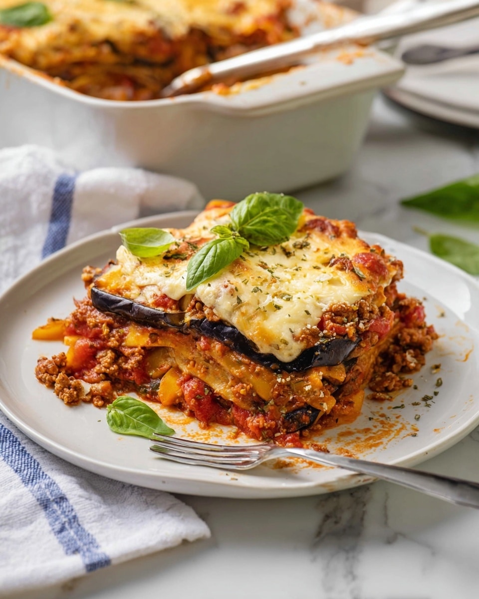 A thick piece of lasagna on a white plate with three visible layers: the bottom layer is dark roasted eggplant slices, the middle layer is chunky red tomato sauce mixed with orange and yellow bell peppers and ground meat, and the top layer is melted light golden cheese with fresh green basil leaves on top. A silver fork rests on the side of the plate, and in the background is a white lasagna baking dish with a large spoon. The surface is a white marbled texture, and a white towel with blue stripes is placed beside the plate. Photo taken with an iphone --ar 4:5 --v 7