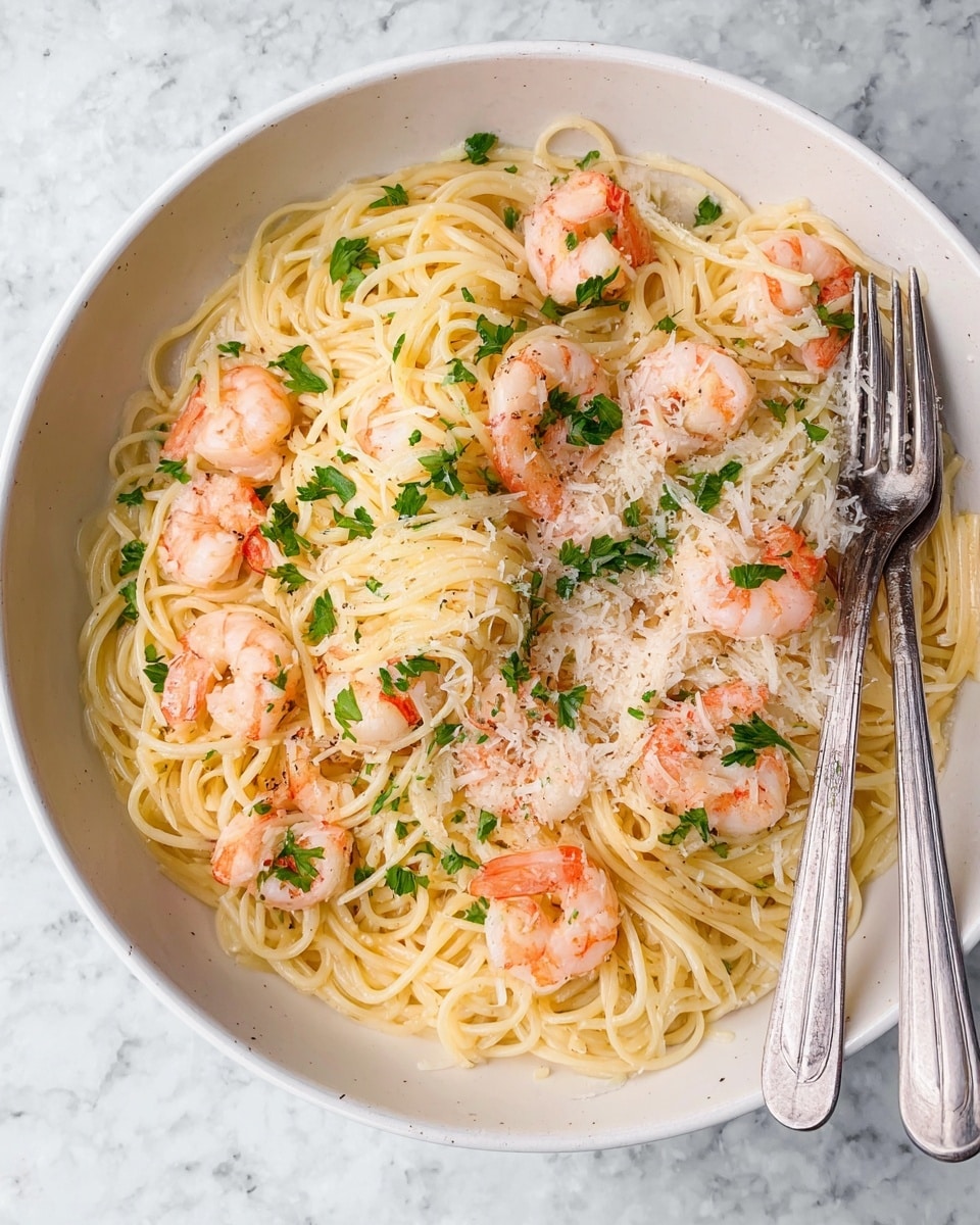 A white plate is filled with a layer of light yellow spaghetti noodles. Scattered on top are pink shrimp with a slight orange tint. Small green parsley leaves are spread evenly across the dish, adding color contrast. Grated white cheese is sprinkled over the pasta and shrimp. Two silver forks rest on the right side of the plate, placed on a white marbled surface. Photo taken with an iphone --ar 4:5 --v 7