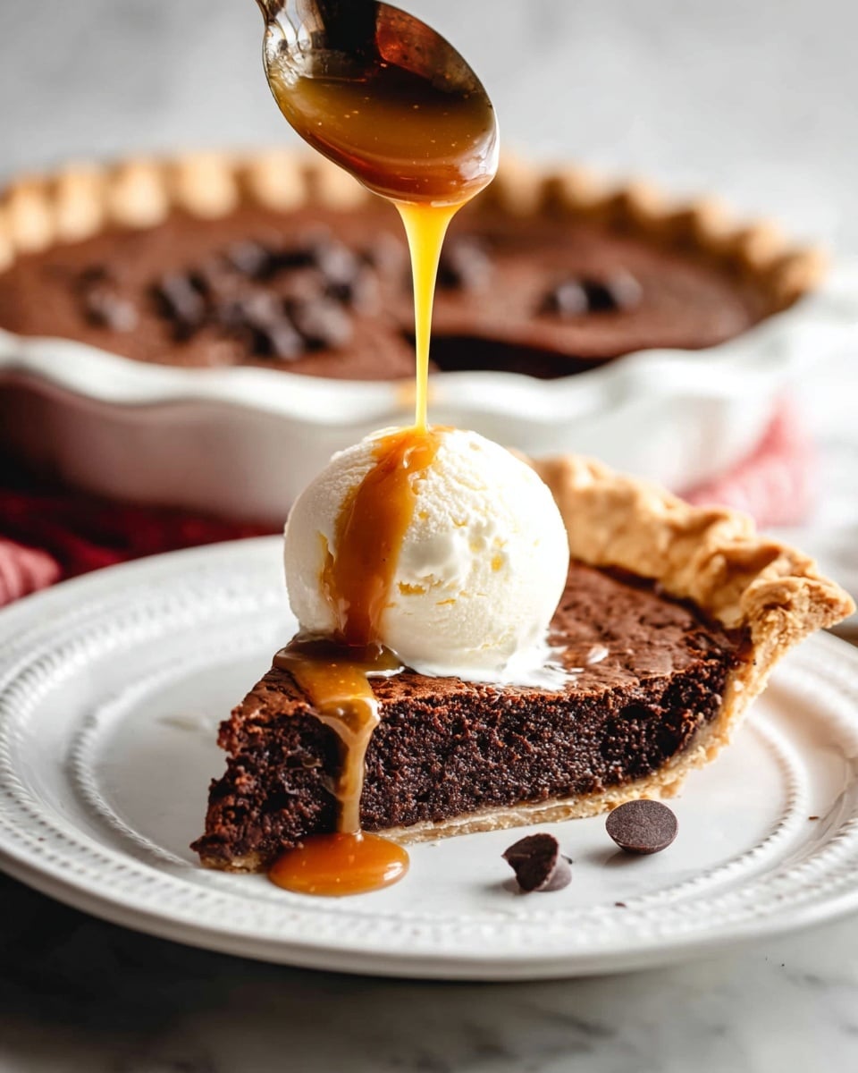 A slice of dark chocolate pie with a thick, rich texture sits on a white plate with a detailed rim. The pie has a golden-brown crust with crimped edges, showing a bit of rising at one side. On top of the pie slice is a round scoop of white vanilla ice cream, smooth and creamy. A spoon held above drizzles warm amber caramel sauce onto the ice cream, creating a shiny layer that starts to flow down. In the background, the rest of the chocolate pie is visible in a white dish, with a slightly cracked surface and chocolate chips on top. The setting has a white marbled texture below the plate. photo taken with an iphone --ar 4:5 --v 7