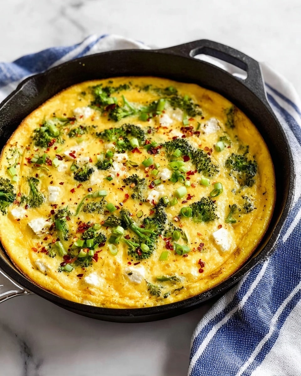 A cooked frittata in a black cast iron skillet on a white marbled surface, with a blue and white striped cloth beside it. The frittata has one main yellow egg layer with a smooth texture, topped with small white cheese chunks scattered unevenly. Green vegetable pieces, mostly small broccoli or similar, are spread evenly over the surface along with some red chili flakes. The edges of the frittata are lightly browned, showing a slight crispness. Photo taken with an iphone --ar 4:5 --v 7