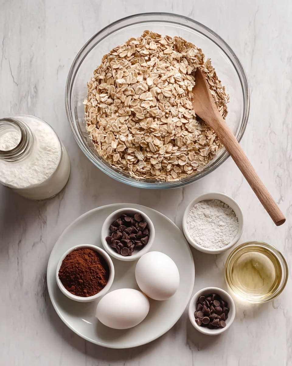 The image shows a large clear glass bowl filled with light brown rolled oats with a wooden spoon inside it placed on a white marbled surface. Nearby, there is a glass bottle filled with a white powder, likely flour or sugar. In front of the oats bowl, there is a white plate holding five small white bowls and two white eggs. The small bowls contain dark brown liquid, cocoa powder, white powder (likely baking powder), chocolate chips, and a clear liquid, probably oil. The setup is neat and organized with all items clearly visible. photo taken with an iphone --ar 4:5 --v 7