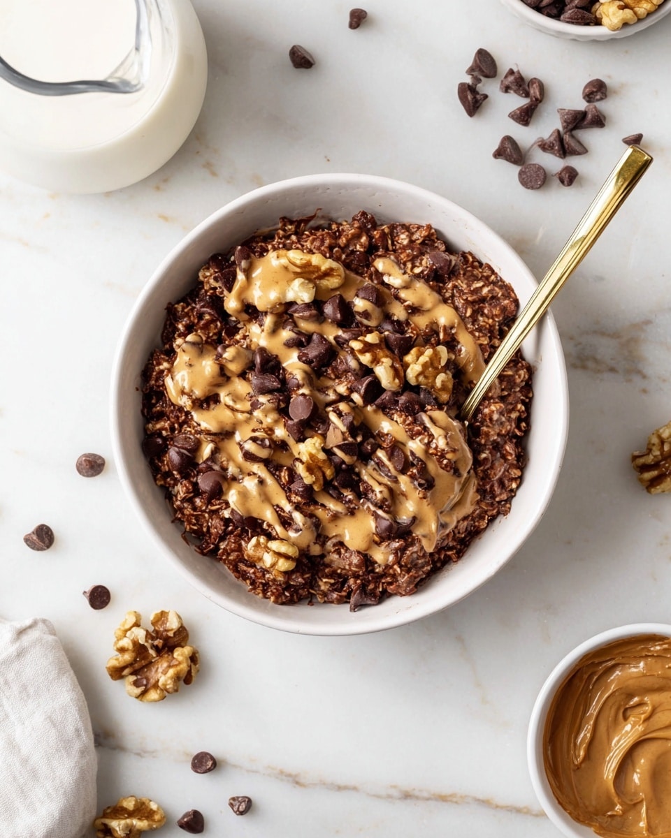 A white bowl filled with a textured dark brown chocolate oatmeal as the base layer is topped with rough, light brown walnut pieces scattered unevenly. Light brown creamy peanut butter is drizzled over the top, creating smooth patches contrasting the oatmeal, with small, shiny dark brown chocolate chips sprinkled all over adding extra texture and color. A gold spoon rests inside the bowl on the right side. The bowl is placed on a white marbled surface with scattered chocolate chips around and partially visible items including a glass carafe with milk at the top left and a white bowl with peanut butter at the bottom right. photo taken with an iphone --ar 4:5 --v 7