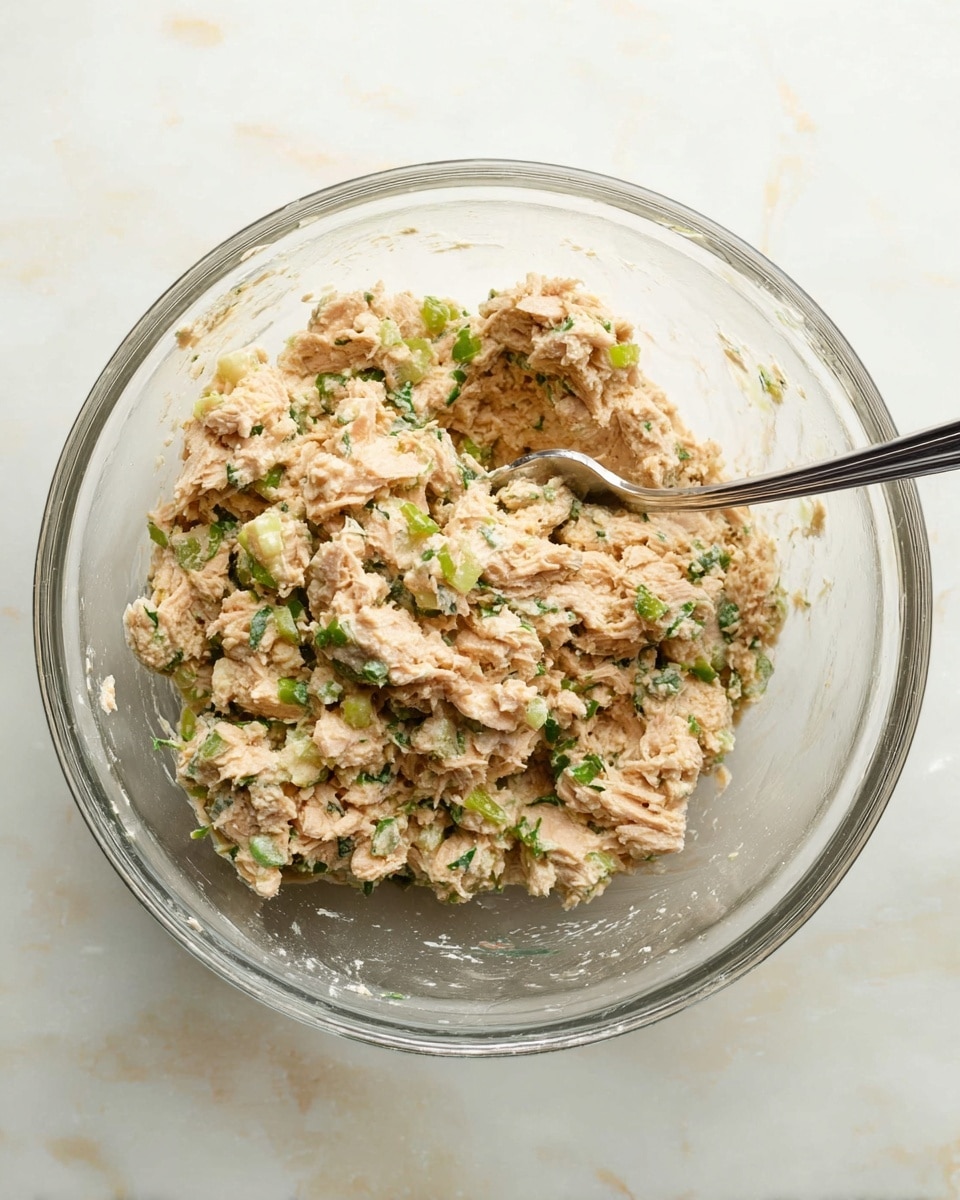 A clear glass bowl sits on a white marbled surface, filled with a chunky mixture that looks like tuna salad. The salad has light beige pieces of tuna mixed with small bits of green herbs and celery, showing a slightly creamy texture. A silver fork rests inside the bowl, partially covered by the mixture, ready for stirring or serving. The overall scene is bright and clean. photo taken with an iphone --ar 4:5 --v 7
