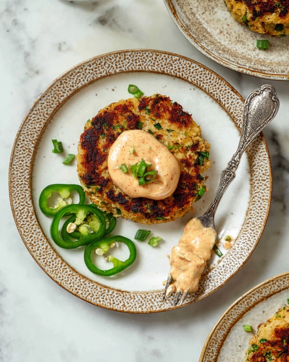 The image shows a round, lightly browned patty with green herbs mixed inside, placed at the center of a white plate with a textured brown rim. On top of the patty, there is a dollop of creamy, light pinkish-orange sauce with some green specks. To the side of the patty, thin slices of green jalapeno pepper are laid on the plate. A vintage silver spoon rests on the patty, holding some of the sauce. The plate sits on a white marbled surface, and part of another similar plate with another patty and some jalapeno slices is visible nearby. Photo taken with an iphone --ar 4:5 --v 7