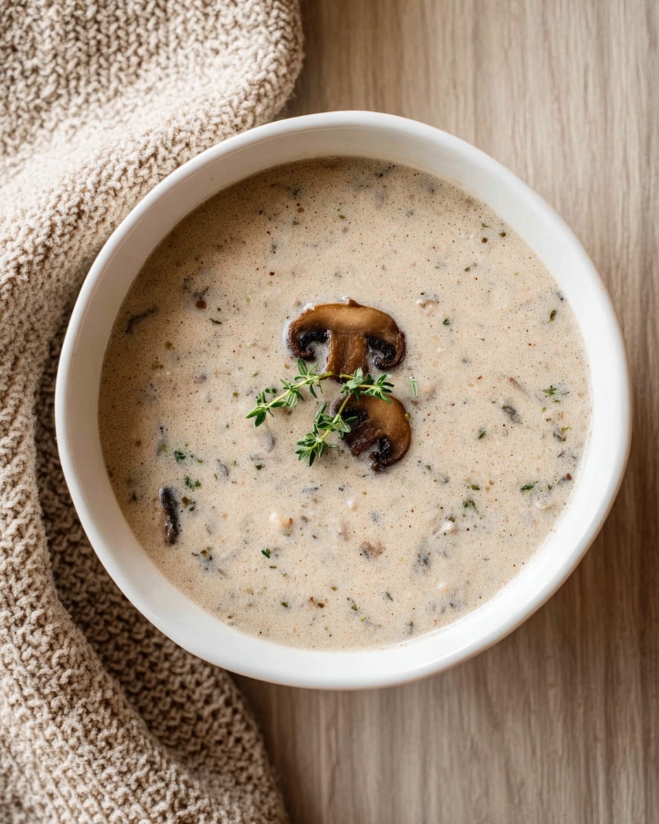 A white bowl filled with creamy mushroom soup, showing a smooth light beige surface mixed with small bits of mushrooms and herbs creating a textured look. On top, there are three small slices of brown mushrooms and fresh green thyme leaves arranged in the center. The bowl is placed on a light wood surface with a beige knitted cloth nearby. photo taken with an iphone --ar 4:5 --v 7