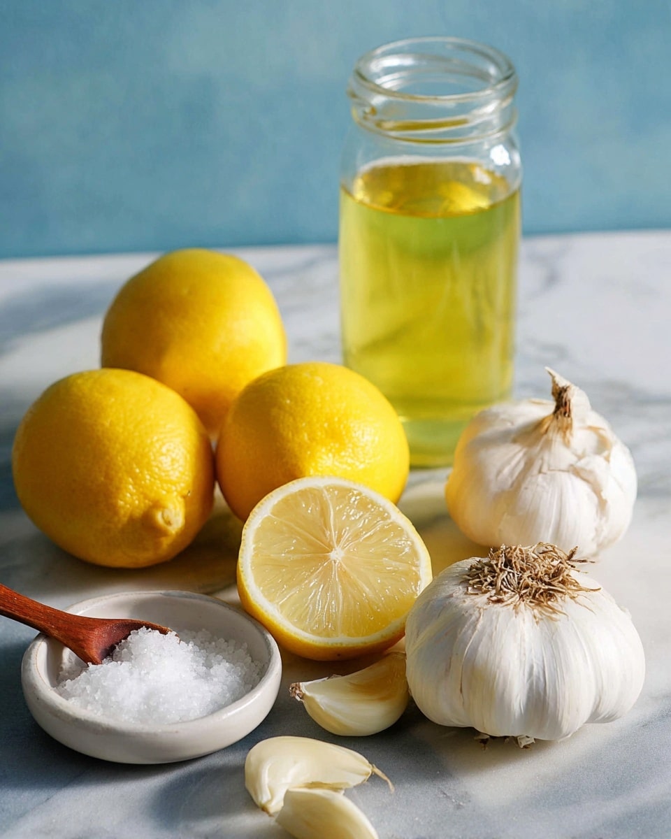 The image shows a group of four bright yellow lemons, three whole and one sliced in half revealing its juicy inside, placed on a white marbled surface in front. To the right, there are three whole bulbs of white garlic with rough brown roots visible. Behind the lemons and garlic, there is a clear glass jar filled with light yellow oil. On the far left side, there is a small white bowl filled with coarse salt and a small wooden spoon resting inside. The background is a soft blue wall. Photo taken with an iphone --ar 4:5 --v 7