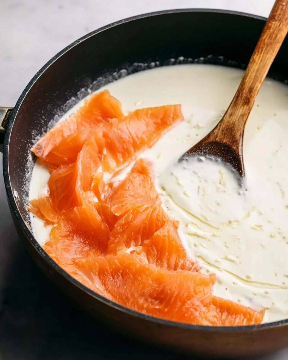 A close-up view of a black pan with a creamy white sauce covering most of the surface, showing a smooth and slightly thick texture. On the left side, there are several pieces of bright orange smoked salmon layered loosely with visible natural folds and soft texture. A wooden spoon with a rounded tip rests in the sauce near the salmon, partially submerged and creating a slight swirl in the cream. The pan sits on a white marbled surface. Photo taken with an iphone --ar 4:5 --v 7