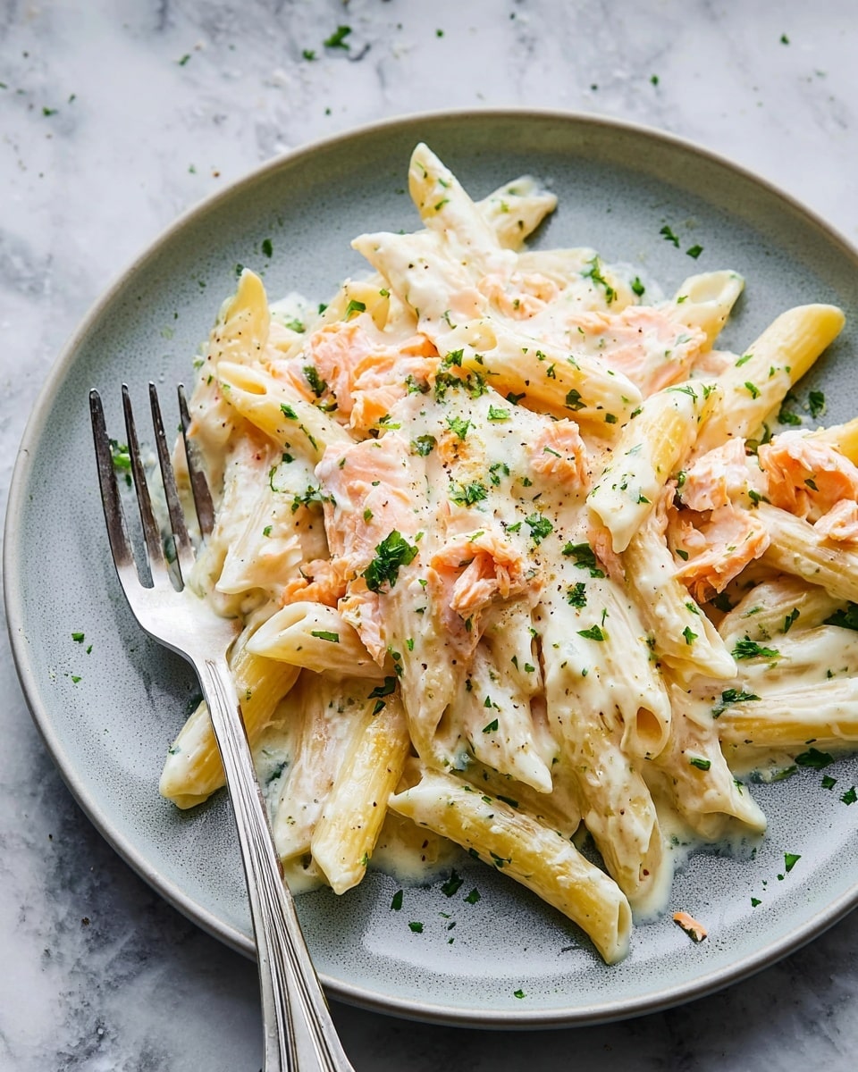 A light gray plate holds a creamy pasta dish made of pale yellow penne pasta, coated in a thick white sauce with small orange pieces mixed in, probably salmon, and topped with finely chopped green herbs scattered evenly over the top. The sauce looks smooth and slightly shiny. There is a silver fork resting on the left side of the plate. The plate sits on a white marbled surface. photo taken with an iphone --ar 4:5 --v 7
