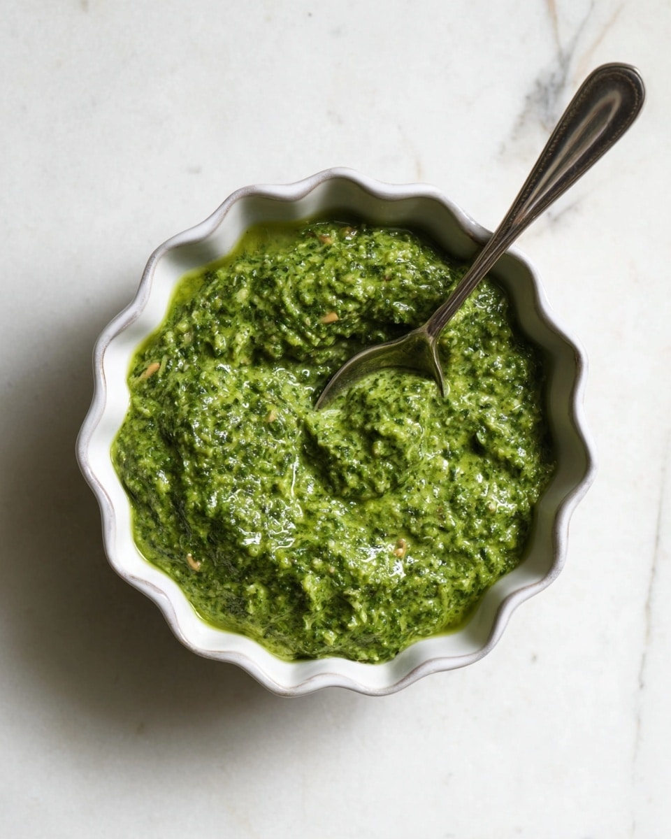 A white scalloped ceramic bowl filled with a thick, chunky green sauce, showing textures of blended leafy herbs and small bits of nuts or seeds. A silver spoon is placed inside the bowl, partially submerged in the sauce. The bowl sits on a white marbled surface. The colors are mainly bright and fresh green shades with some darker green bits visible. photo taken with an iphone --ar 4:5 --v 7