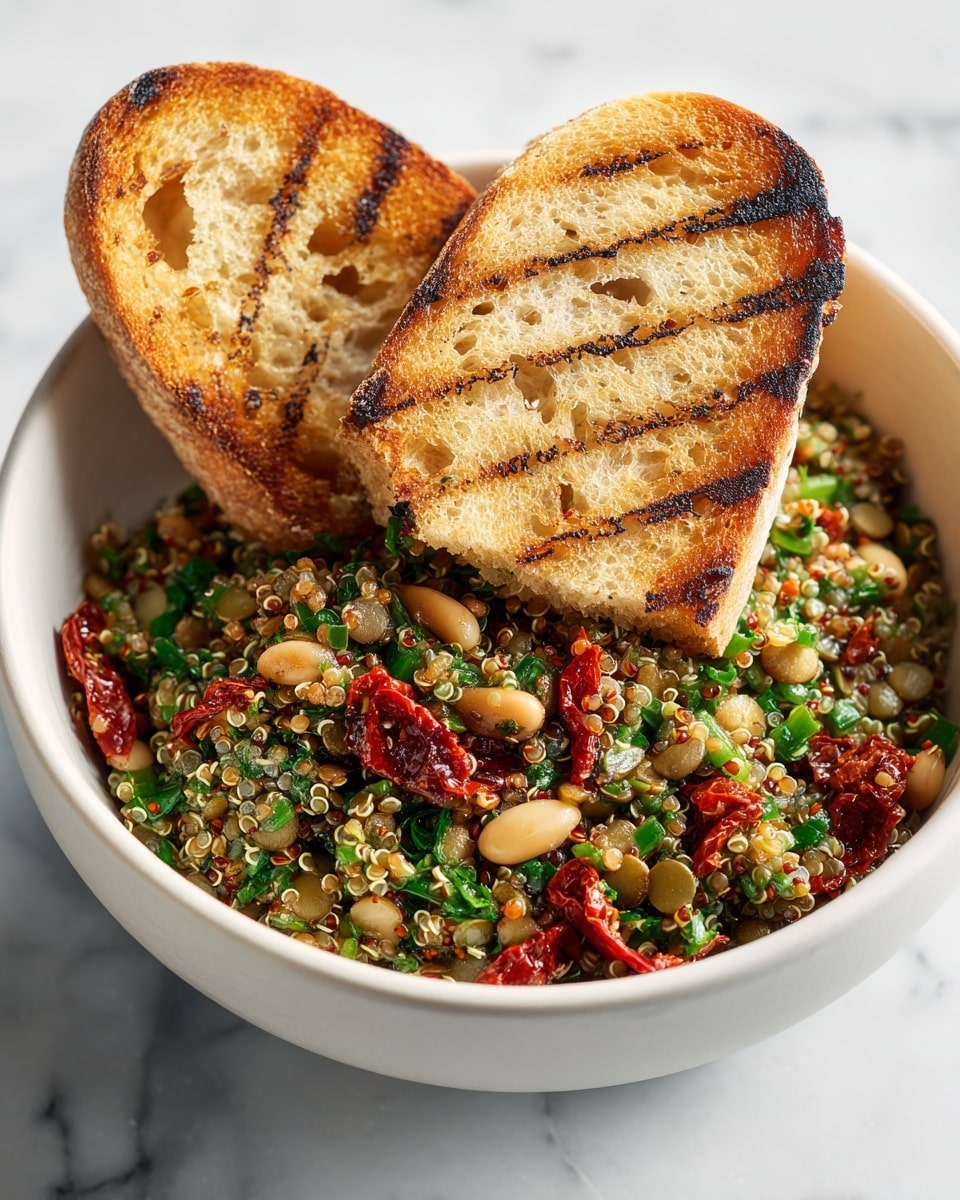 The image shows a white bowl filled with a mixture that has a base of green quinoa with visible white beans, small lentils, and pieces of red sun-dried tomatoes scattered throughout. On top of the bowl, two slices of toasted bread with grill marks are placed leaning against the food, showing a golden-brown crust and soft, airy texture inside. The bowl rests on a white marbled surface. photo taken with an iphone --ar 4:5 --v 7