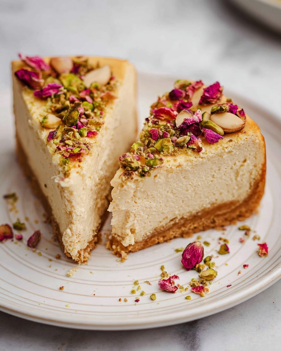 The image shows two slices of a thick, creamy cheesecake with a golden-brown crust around the edges, placed on a white plate with faint circular lines. The cheesecake has one main layer of smooth, light beige filling and a slightly darker crust layer at the bottom. The top of the cheesecake is decorated with chopped green pistachios and small pieces of pink edible flower petals, adding a splash of color and texture. The white marbled surface under the plate adds a clean, bright background. photo taken with an iphone --ar 4:5 --v 7