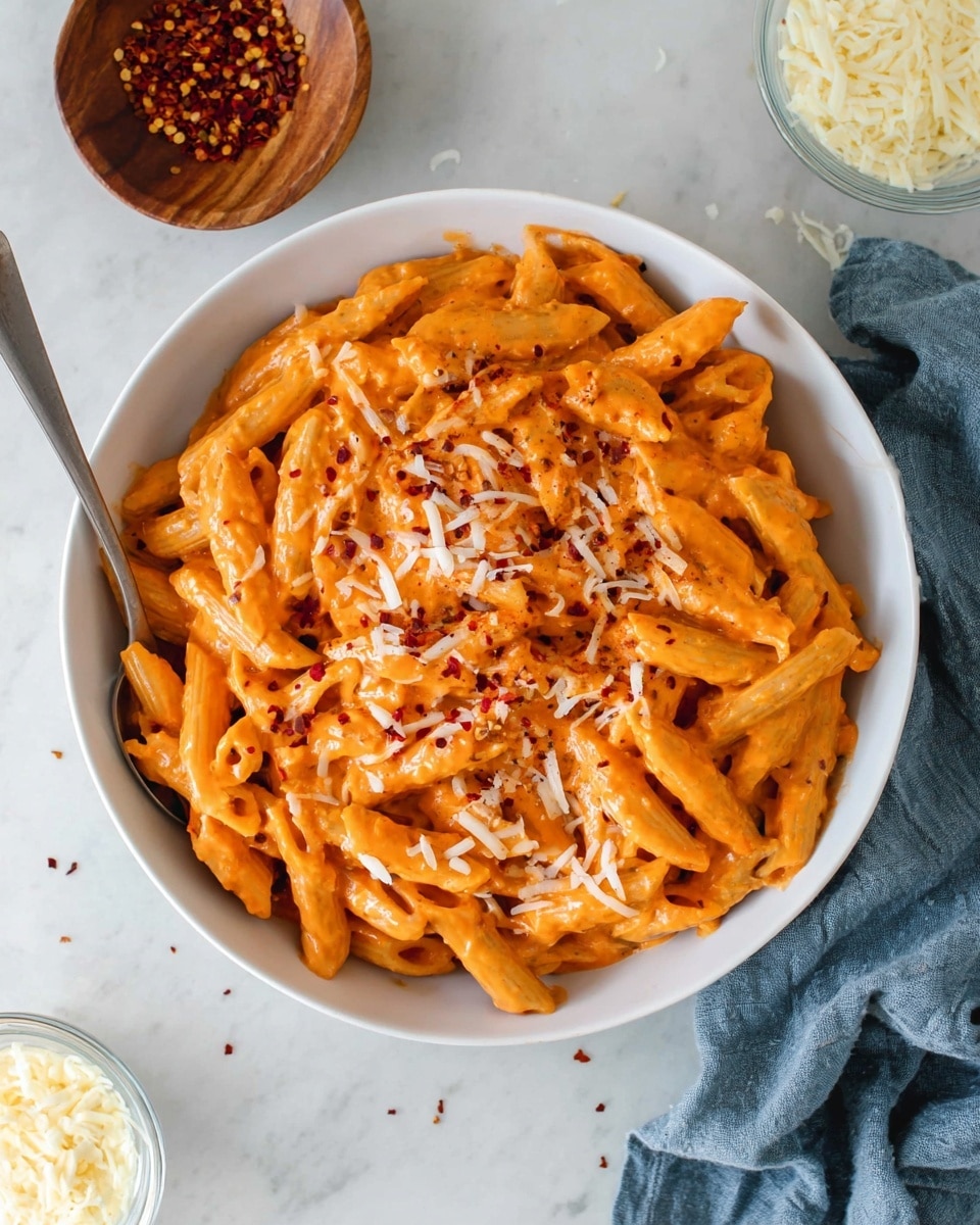A white bowl filled with orange creamy penne pasta, each piece well coated in sauce and mixed together. The pasta is topped with a light scattering of white shredded cheese and small red chili flakes, adding texture and contrast on the surface. The bowl is placed on a white marbled textured surface, with a small brown wooden bowl of chili flakes above it and a glass bowl with shredded cheese at the bottom right corner. A crumpled blue cloth is partly visible on the right side. Photo taken with an iphone --ar 4:5 --v 7