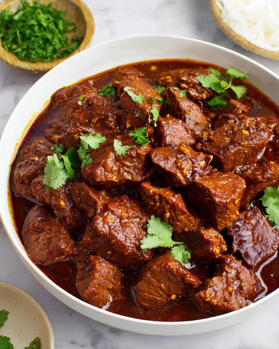 A white bowl is filled with thick, dark reddish-brown chunks of cooked meat coated in a rich, glossy sauce. The meat pieces vary in size and texture, showing some char marks and tender, juicy looks. Bright green cilantro leaves are scattered on top, adding a fresh contrast to the deep color of the sauce. The bowl sits on a white marbled surface, with a small bowl of green herbs placed nearby. photo taken with an iphone --ar 4:5 --v 7