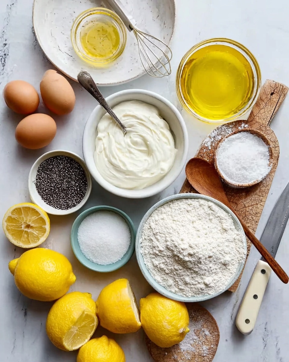 The image shows various baking ingredients arranged neatly on a white marbled surface. In the center right, there is a white bowl filled with light flour and a wooden spoon resting on the edge. Near the top middle, a white bowl holds a thick white cream with a metal spoon inside. To the top right, a glass bowl is filled with golden oil. On the left side, two brown eggs sit near a small white bowl of black vanilla seeds, and below them is a glass bowl of white sugar. Multiple whole yellow lemons and a lemon cut in half are placed on the surface, with one lemon half resting on a small brown wooden cutting board next to a white-handled knife. A small white bowl with white powder and a small spoon sits near the bottom. The photo taken with an iphone --ar 4:5 --v 7