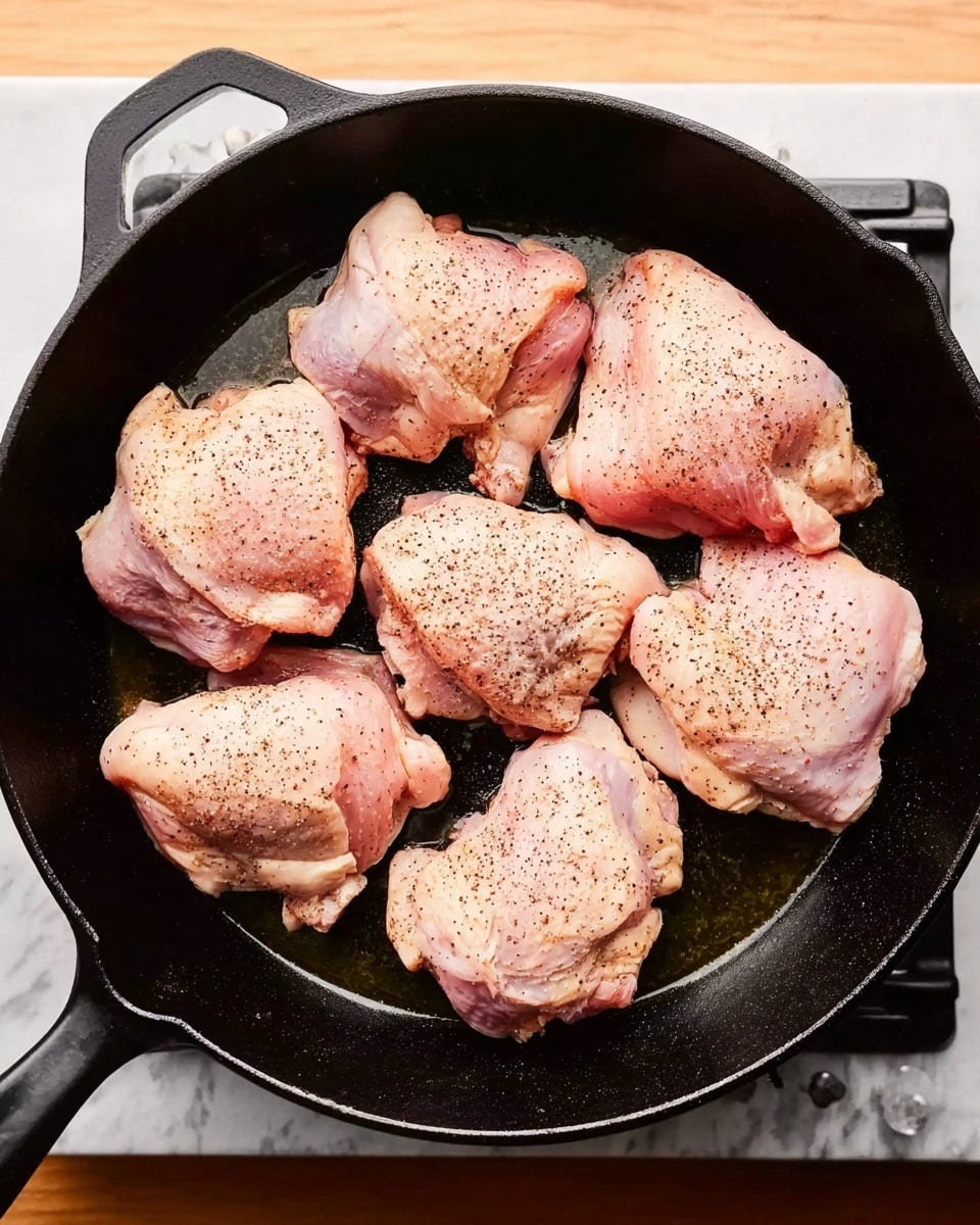 A black cast iron pan filled with seven raw pink chicken pieces, each seasoned with black pepper, arranged evenly across the pan's surface. The pan sits on a stove burner, and the background shows a white marbled texture that replaces the original wooden surface. The skin of the chicken is smooth with some natural folds and the pieces vary slightly in shape and size, giving a natural look. There is a small amount of oil visible in the pan, adding a slight shine to the chicken. photo taken with an iphone --ar 4:5 --v 7