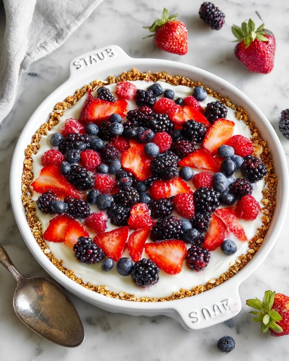 A round tart with three visible layers sits on a white marbled surface. The bottom crust layer is golden brown with a coarse texture, showing bits of nuts and oats pressed into a firm base. Above it is a smooth, creamy white filling that spreads evenly to the edges. The top layer is made up of mixed fresh berries arranged closely together, including bright red sliced strawberries, dark blackberries, deep blue blueberries, and red raspberries, creating a colorful, fresh look. The tart is placed in a white ceramic pie dish with handles on each side, embossed with the word STAUB. Scattered berries and a vintage silver spoon lie nearby, enhancing the fresh and inviting feel. Photo taken with an iphone --ar 4:5 --v 7
