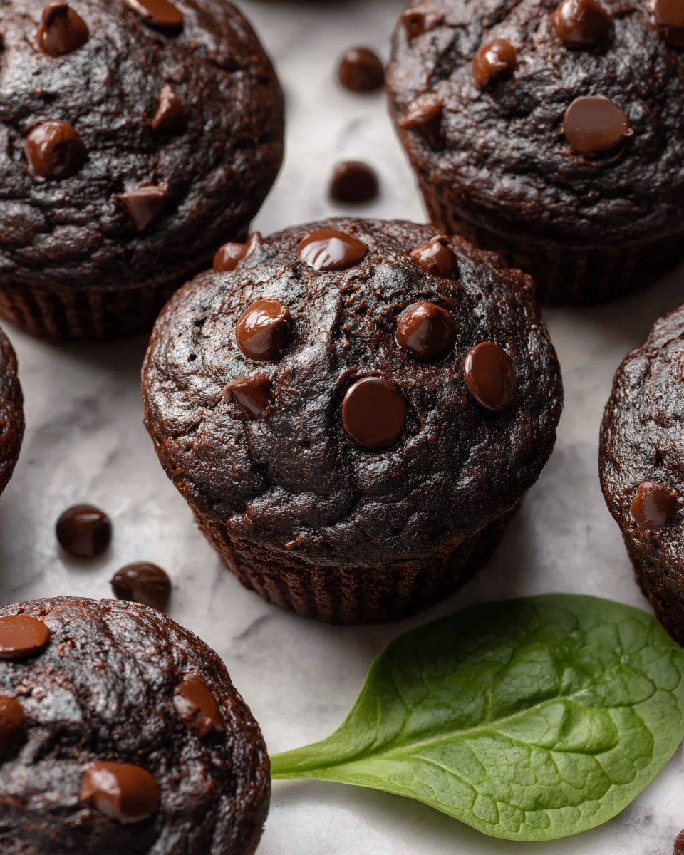 The image shows several dark chocolate muffins arranged closely together on a white marbled surface. Each muffin has a rough, cracked top with glossy dark chocolate chips scattered on and around them. One muffin is centered in the front, displaying a rich and dense texture with a few shiny chocolate chips embedded on top and around its sides. A single fresh green spinach leaf lies near the bottom right, contrasting with the dark browns of the muffins. The overall look is moist, dense, and richly chocolatey photo taken with an iphone --ar 4:5 --v 7