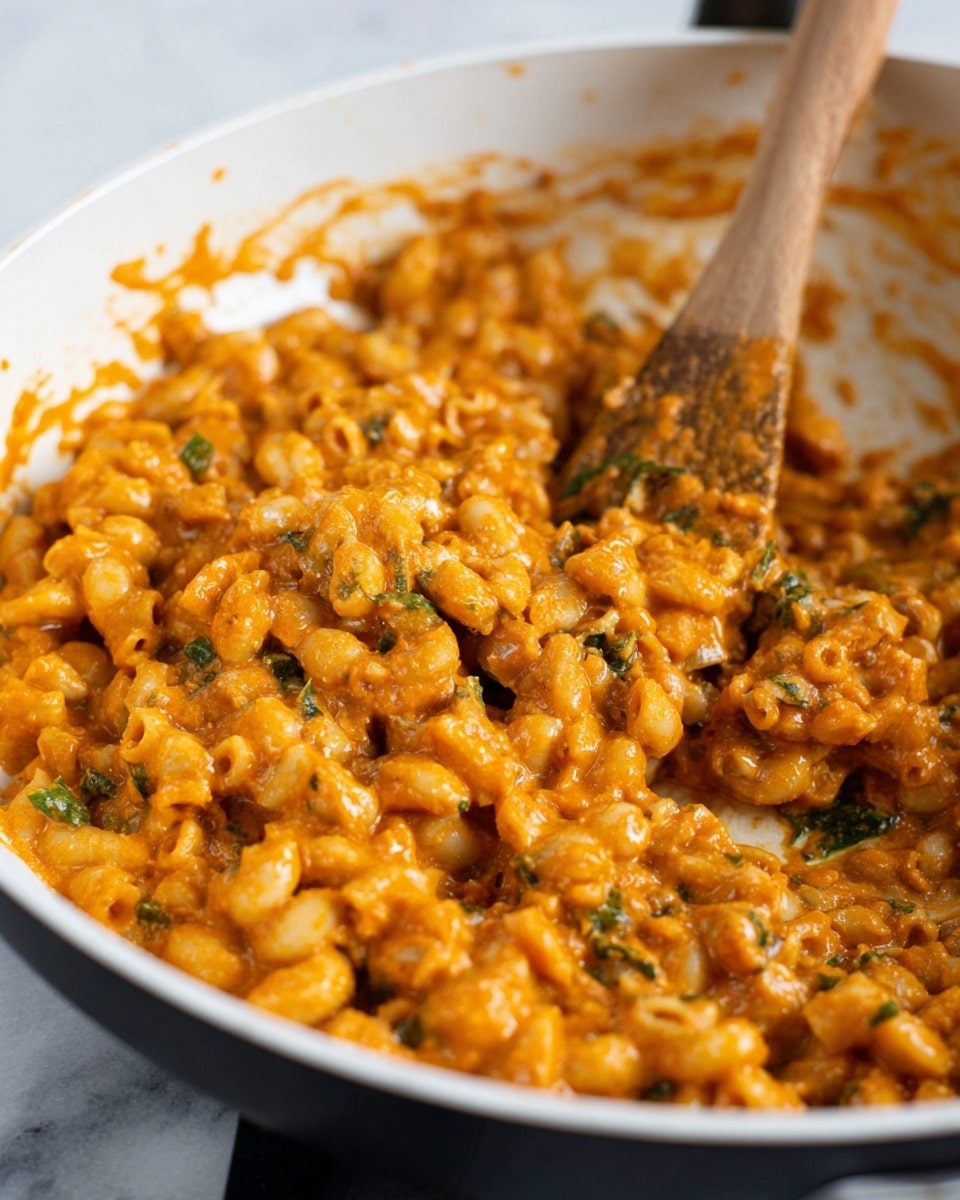 A close-up view of a white pan with a mixture of small pasta pieces covered in an orange sauce with visible bits of green herbs and possibly small pieces of vegetables. A wooden spatula sticks out from the pan, buried in the creamy and chunky pasta mixture. The background is blurred slightly but shows the white marbled texture surface. The sauce looks thick and creamy, coating the pasta unevenly with a rich orange color. photo taken with an iphone --ar 4:5 --v 7
