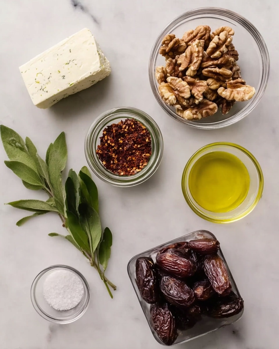 The image shows several food items placed on a white marbled surface. At the top left, there is a small piece of white cheese with a slightly crumbly texture. Next to it on the right is a small clear glass bowl filled with light and dark brown pieces of walnut. Below the cheese and walnuts, there are fresh green leaves placed at an angle. To the left of the leaves is a small glass jar filled with red chili flakes, the cap slightly twisted off. To the right of the leaves is another small glass bowl filled with a smooth, light yellow liquid that looks like oil. At the bottom left, there is a tiny white container filled with coarse white salt. Finally, at the bottom right, a square clear glass bowl is filled with dark brown, shiny dates. All items are spread out neatly on the white marbled surface with no overlapping photo taken with an iphone --ar 4:5 --v 7