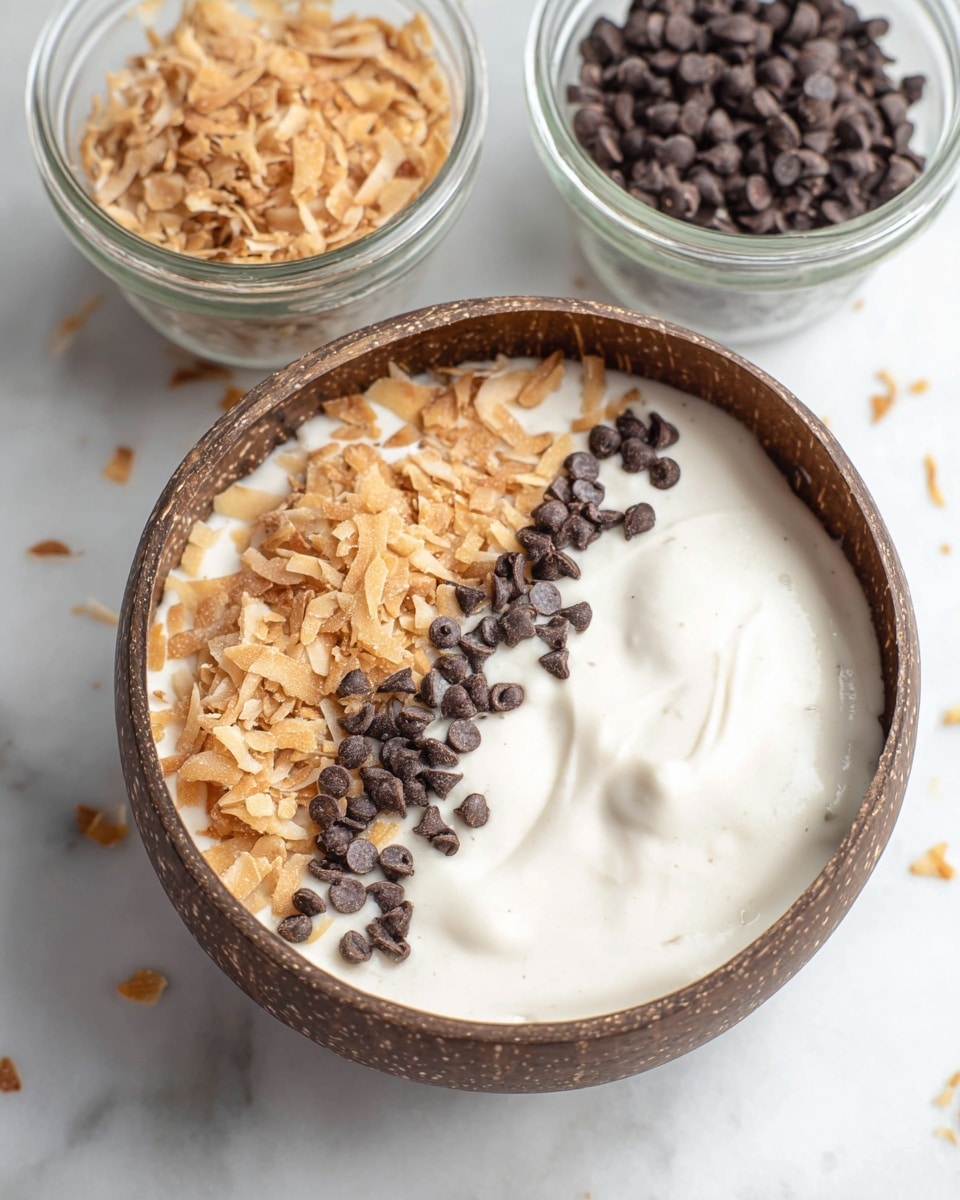 A rough brown bowl holds a creamy, smooth white base filling most of the bowl, with a section on the left side topped with two layers: a first layer of toasted light brown shredded flakes and a second thinner line of dark chocolate chips arranged neatly along the edge between the flakes and the creamy base. Behind the bowl, there are two glass containers with similar toppings, one filled with the light shredded flakes and the other with dark chocolate chips, all set on a white marbled surface. Photo taken with an iphone --ar 4:5 --v 7