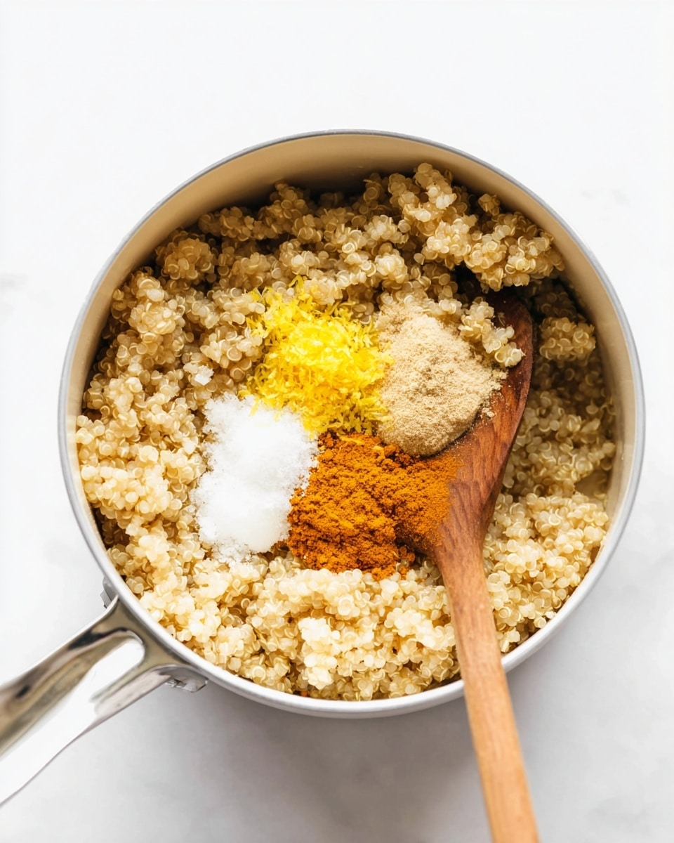 A white metal pot filled with a base layer of cooked quinoa, light brown and fluffy. On top, there are four small separate piles of ingredients: grated yellow lemon zest, bright orange turmeric powder, white granulated salt, and a dollop of white coconut oil. A wooden spoon is placed inside the pot on the right side, resting against the quinoa. The pot sits on a white marbled surface. photo taken with an iphone --ar 4:5 --v 7