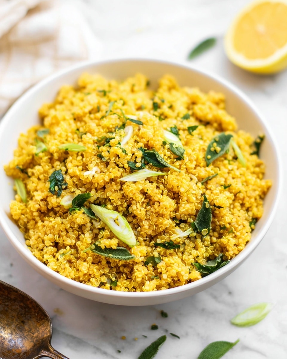 A bowl full of bright yellow quinoa with small green slices of scallion and dark green herb leaves scattered on top. The quinoa's texture looks light and fluffy, with each grain visible. The bowl is white, sitting on a white marbled surface with a half lemon blurred softly in the background and a spoon with a rustic handle beside the bowl. Some loose green herbs are scattered around, adding a fresh feel. photo taken with an iphone --ar 4:5 --v 7