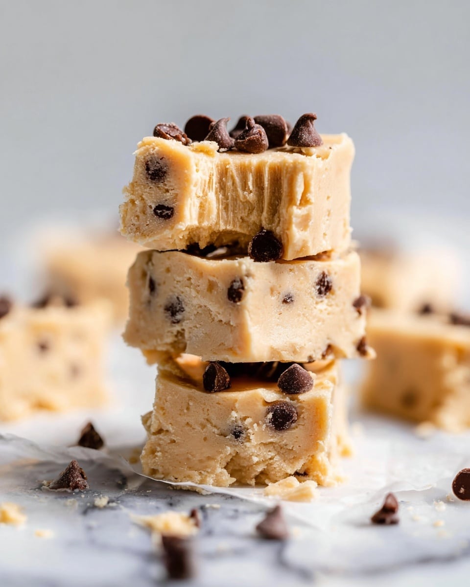 The image shows a stack of three thick, creamy beige fudge squares with a slightly rough texture, each sprinkled with dark brown chocolate chips on the top and some chocolate chips visible inside the fudge. The top square has a bite taken from the corner, revealing the soft, dense inside. The fudge pieces rest on a white marbled surface with more fudge pieces and chocolate chips blurred in the background. Photo taken with an iphone --ar 4:5 --v 7