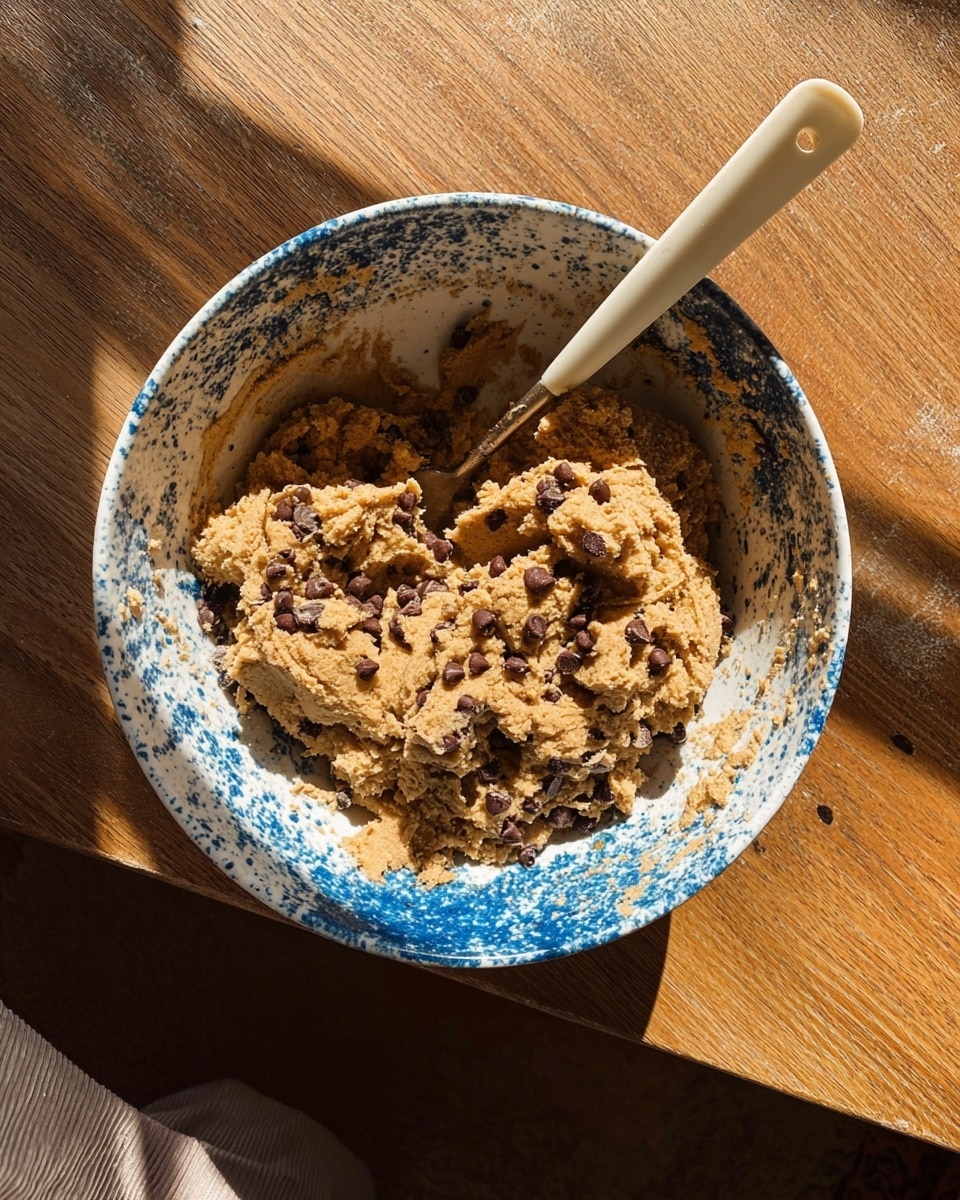 A speckled bowl with blue spots holds a thick, rough-textured light brown dough mixed with dark chocolate chips. The dough fills most of the bowl and has a slightly crumbly yet sticky look. A white spatula with a beige handle rests inside the bowl, partially covered with dough. The bowl is placed on a wooden surface with shadows falling across it, showing warm sunlight. The photo is taken from above, capturing part of a person's clothes at the bottom edge. Photo taken with an iphone --ar 4:5 --v 7