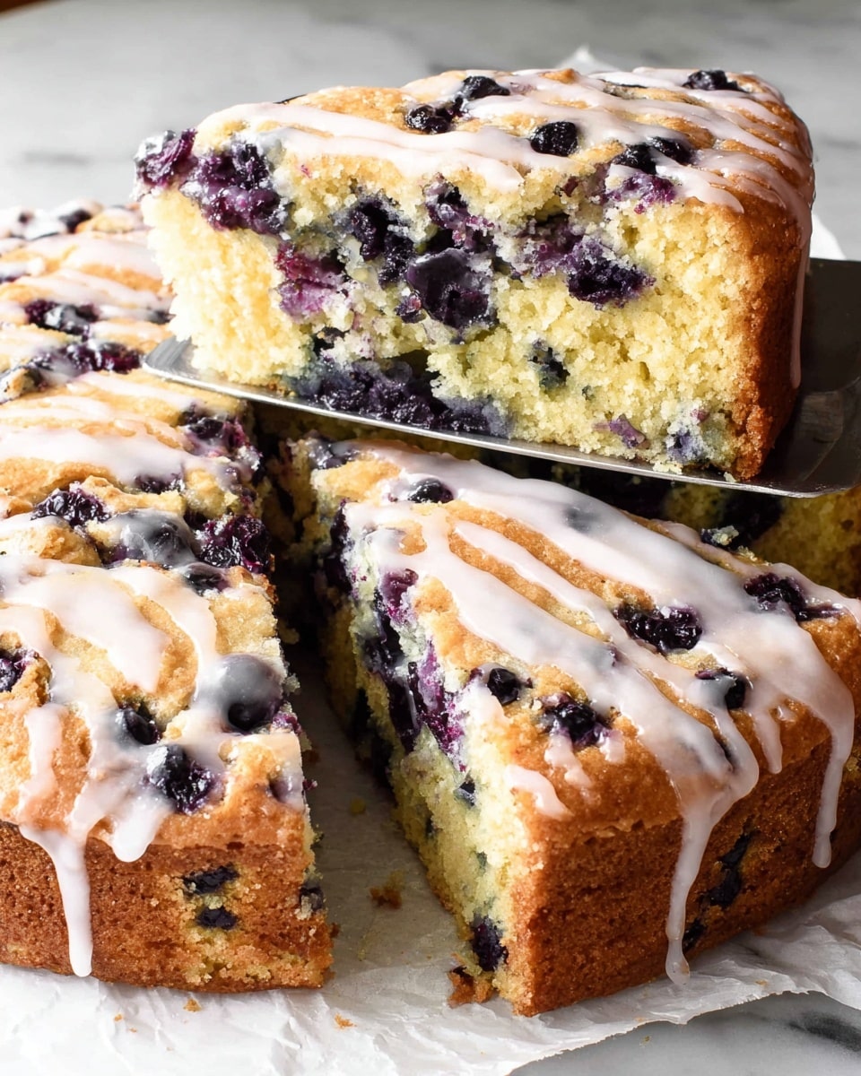 A round, single-layer cake with a golden brown top, dotted with dark purple blueberries baked inside. The surface is uneven with visible berry pockets and a soft texture. White icing is drizzled in thin, irregular lines across the top, some drops running down the sides. The cake sits directly on a white marbled texture with some icing drops around it. Photo taken with an iphone --ar 4:5 --v 7