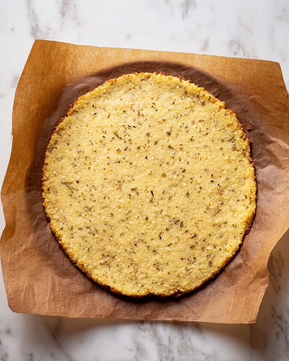 A single round, flat pizza crust with a yellowish color and a rough, grainy texture sits on brown baking paper, which is placed on a white marbled surface. The crust has small specks of herbs and looks thin and evenly cooked, with slightly browned edges. The baking paper has some darkened areas around the crust, suggesting it was baked recently. photo taken with an iphone --ar 4:5 --v 7