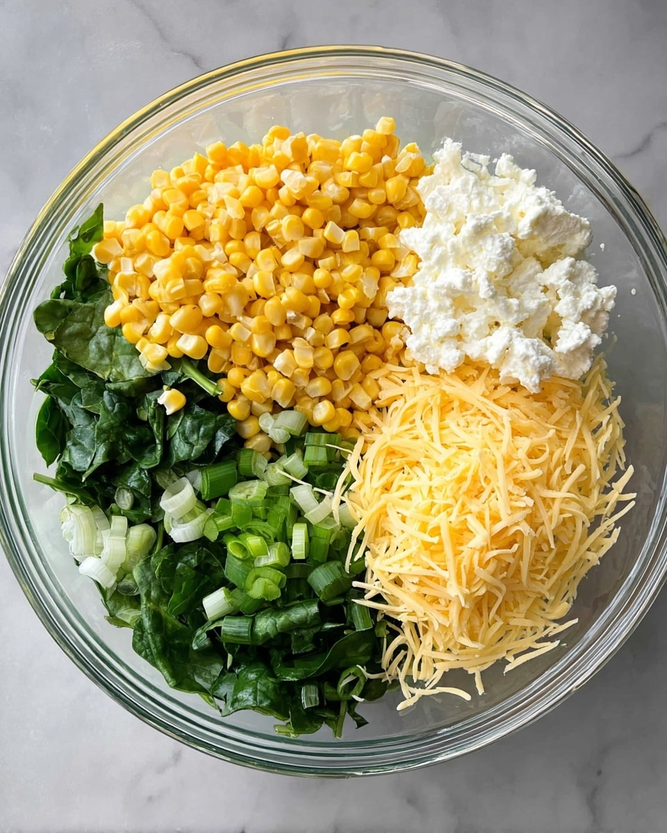 A clear bowl holds four sections of ingredients resting side by side without mixing. The top left has a bright pile of yellow corn kernels. To the right of the corn, there is a small mound of white cottage cheese next to a big pile of shredded yellow cheese. Below the cheese and cottage cheese, fresh dark green spinach leaves are sliced into small pieces. On the lower left side next to the spinach, thin slices of light green onion tops add more green color and texture. The bowl sits on a white marbled surface. photo taken with an iphone --ar 4:5 --v 7