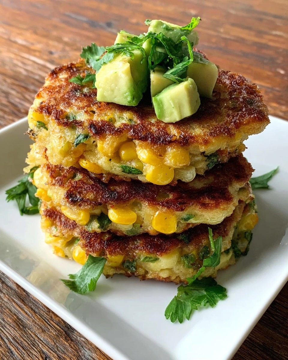 A stack of three golden-brown corn fritters with bits of yellow corn and green herbs visible inside each fritter, placed on a white square plate. On top of the stack are small cubes of light green avocado and green cilantro leaves as garnish. The plate sits on a wooden surface. photo taken with an iphone --ar 4:5 --v 7