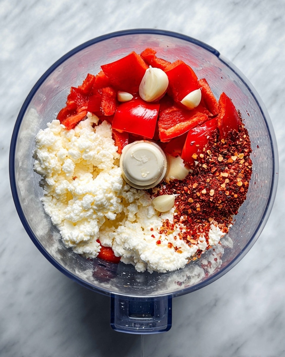 Inside a clear food processor bowl, there are four main layers: at the bottom is a large pile of white crumbly cheese with a soft texture; on the left side, several bright red roasted pepper pieces with smooth shiny skin are placed; scattered on top and around the red peppers are a few small white garlic pieces; on the right side, a reddish-brown sprinkling of crushed chili flakes adds rough texture and color contrast. The food processor is set on a white marbled surface. photo taken with an iphone --ar 4:5 --v 7